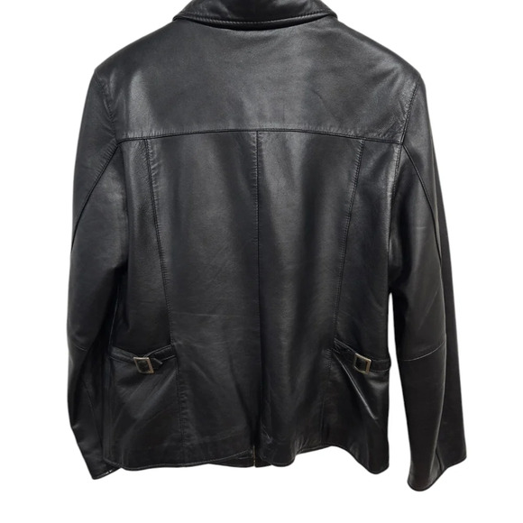 Vintage Black Leather Collared Coat Large - Picture 2 of 5